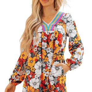 Women's Orange Floral Dress, Casual V Neck Long Sleeve Mini - Main View