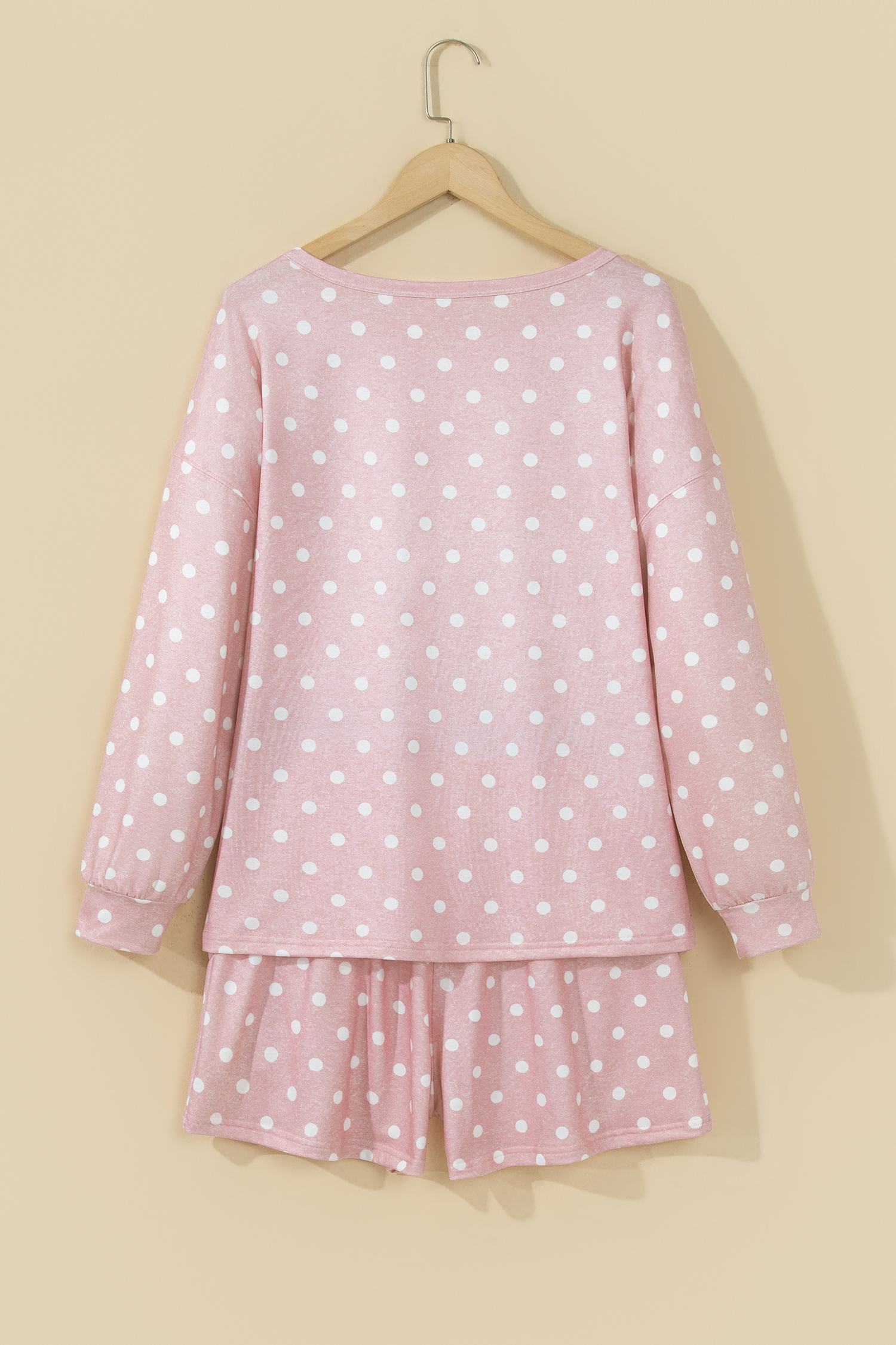 Soft Knit 2 Piece Shorts Set, Women's Pink Polka Dot Outfit - Detail View 3 Soft Knit 2 Piece Shorts Set, Women's Pink Polka Dot Outfit - Detail View 3