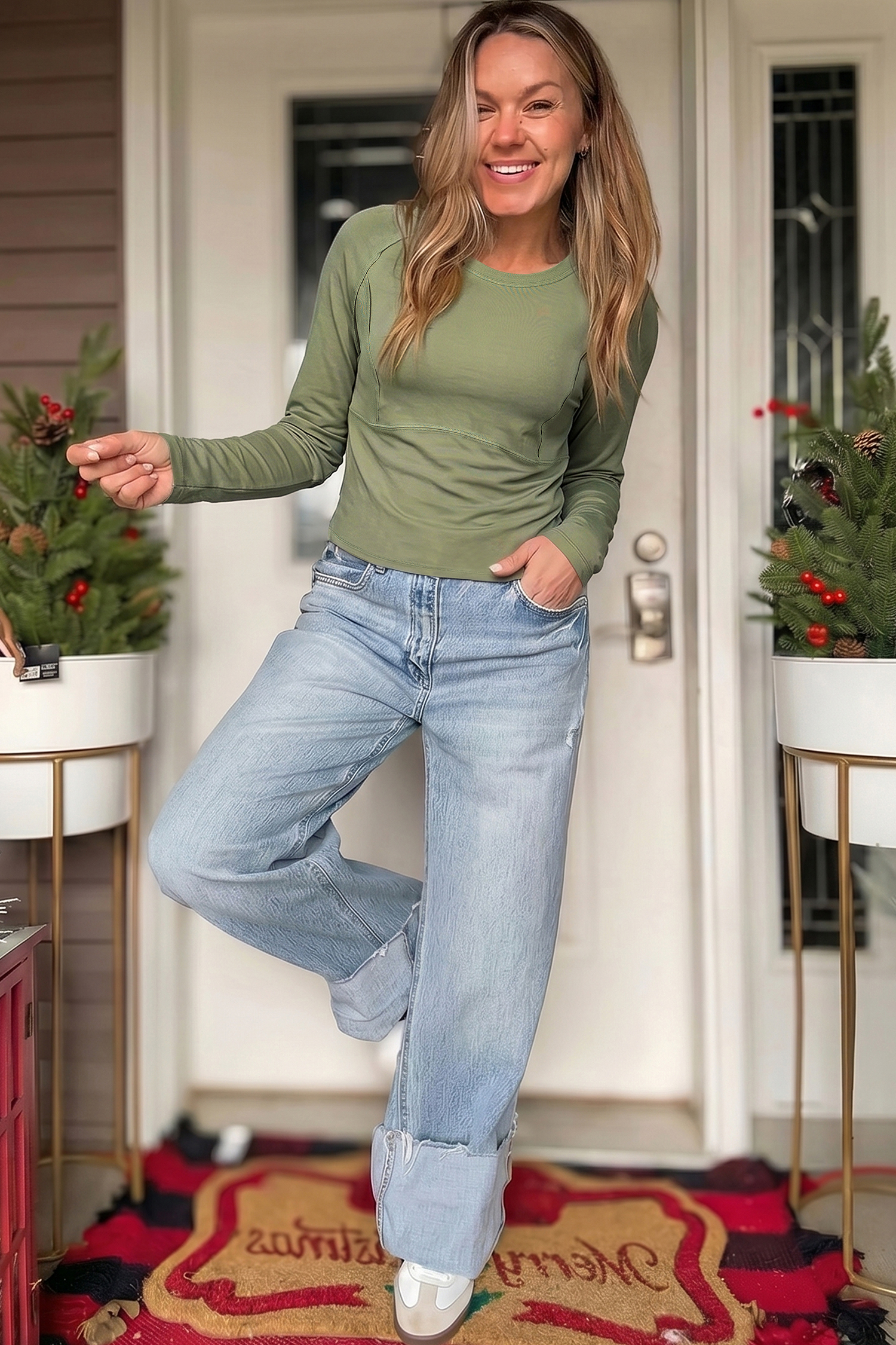 Women's Ribbed Paneling Tee, Green Long Sleeve Top - Detail View 2 Women's Ribbed Paneling Tee, Green Long Sleeve Top - Detail View 2
