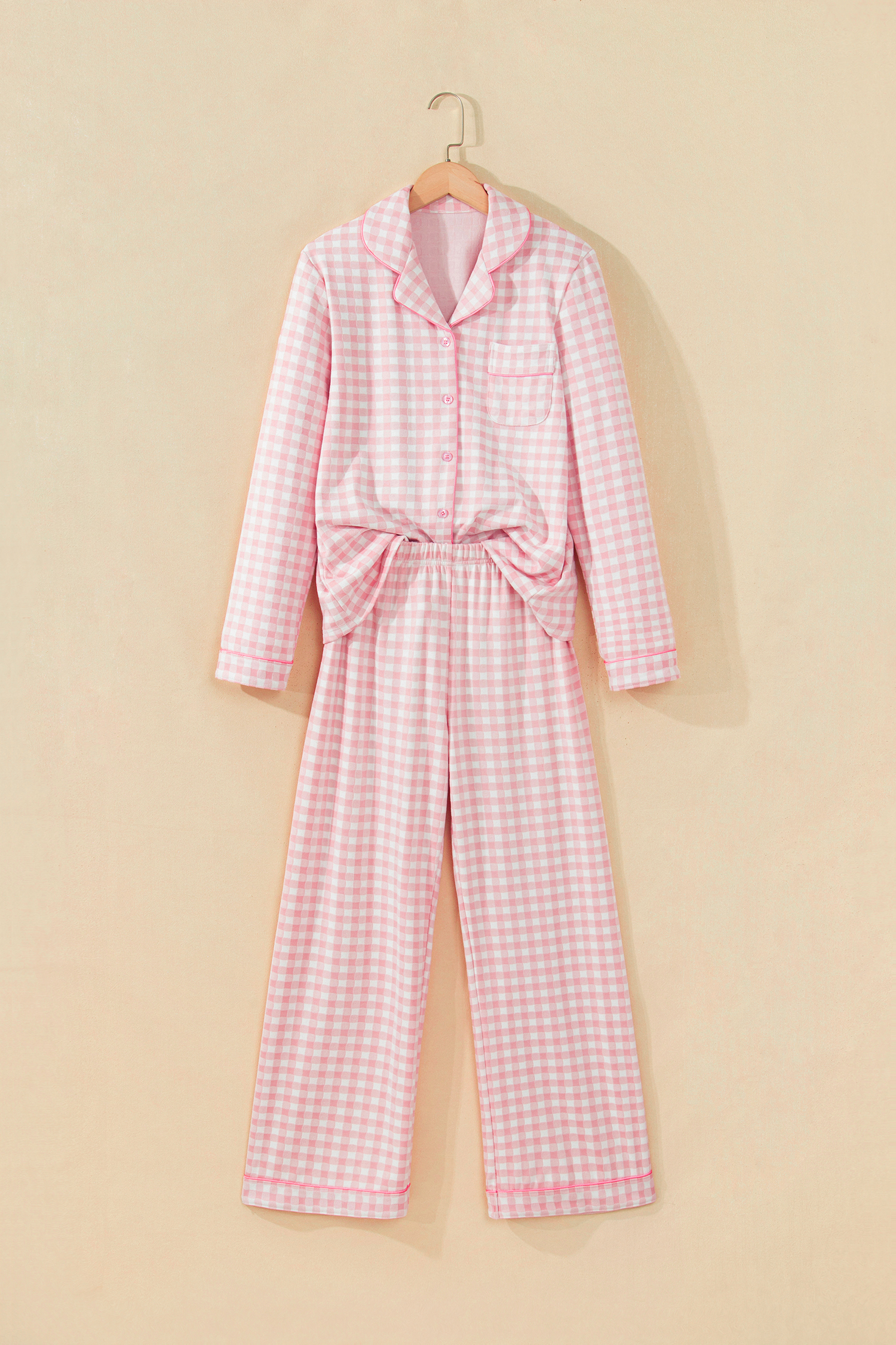 Soft Plaid Pajama Set, Women's Pink Long Sleeve Loungewear - Detail View 3 Soft Plaid Pajama Set, Women's Pink Long Sleeve Loungewear - Detail View 3