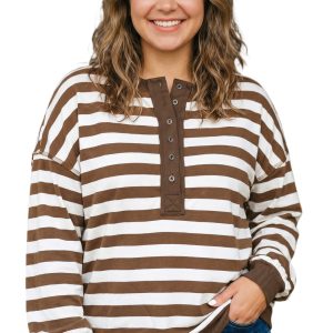 Women's Striped V Neck Sweatshirt, Casual Fall Top - Main View