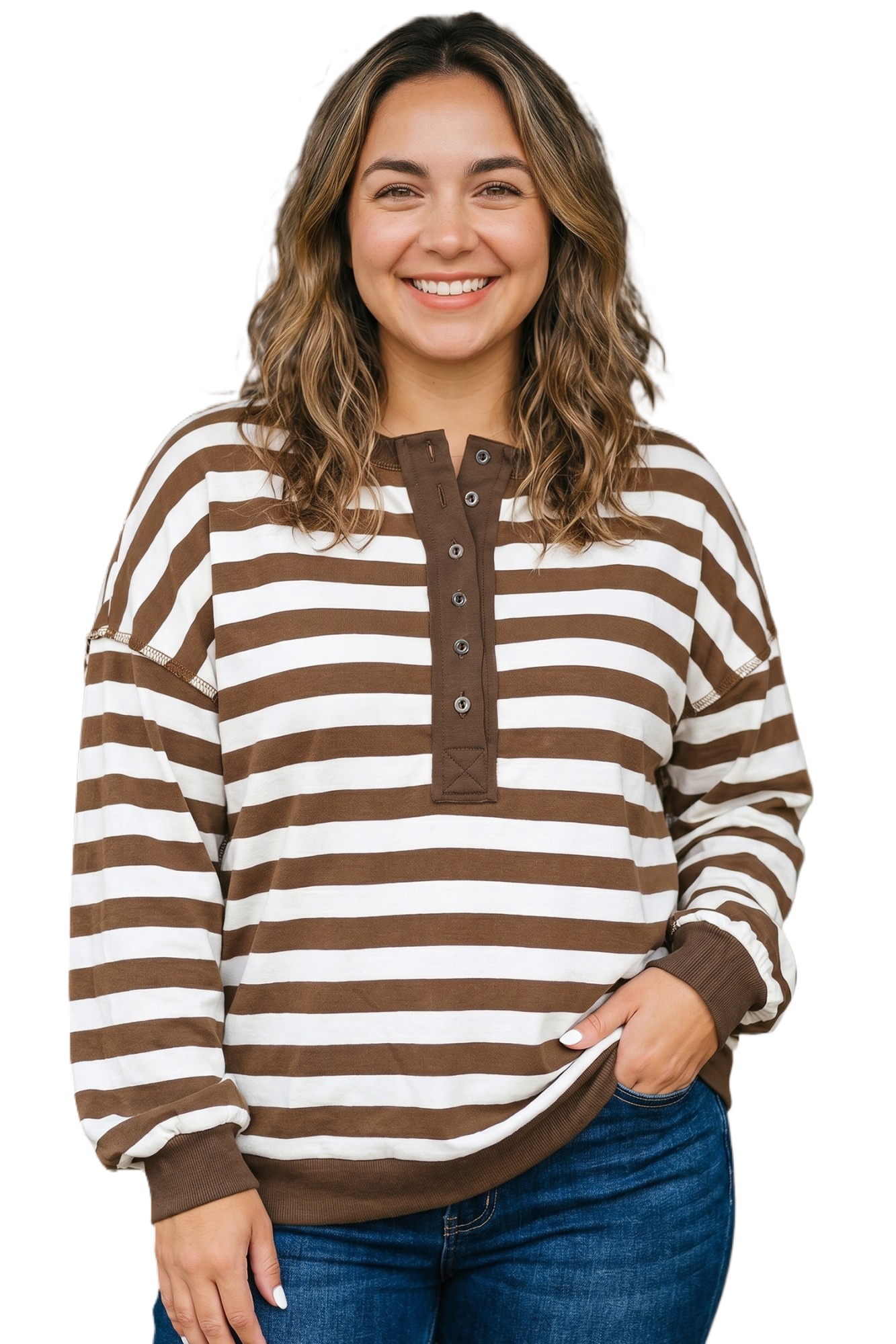 Women's Striped V Neck Sweatshirt, Casual Fall Top - Main View Women's Striped V Neck Sweatshirt, Casual Fall Top - Main View