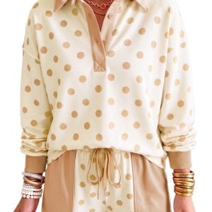 Women's Polka Dot Polo and Shorts Set, Casual Khaki Outfit - Main View