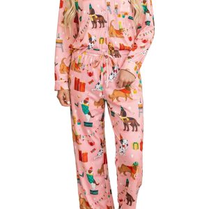 Women's Pink Dog Print Lounge Set, Casual Long Sleeve Pajamas - Main View