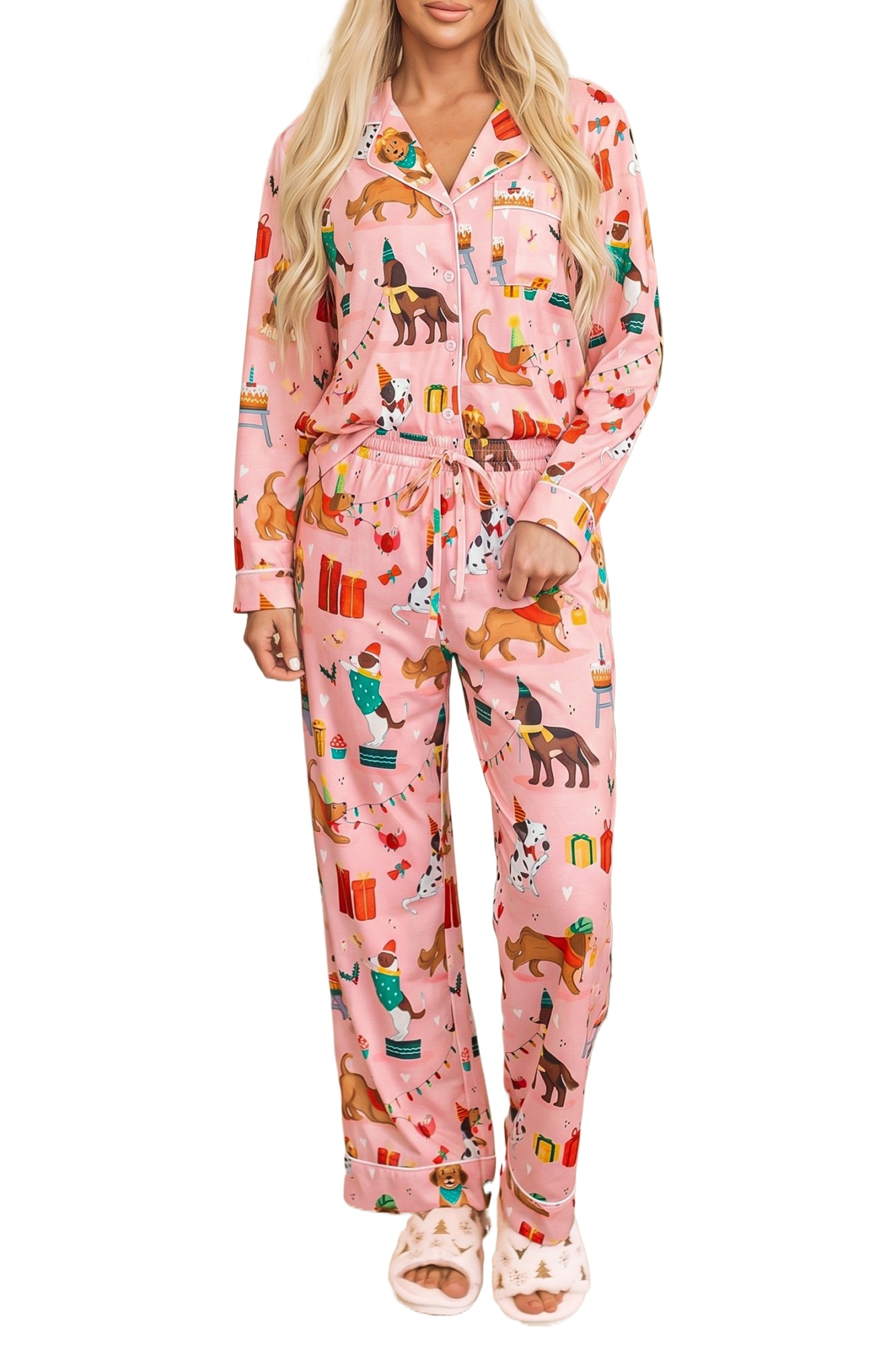 Women's Pink Dog Print Lounge Set, Casual Long Sleeve Pajamas - Main View Women's Pink Dog Print Lounge Set, Casual Long Sleeve Pajamas - Main View