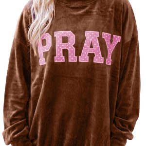 Coffee Pray Embroidery Sweatshirt, Women's Casual Velvet Top - Main View