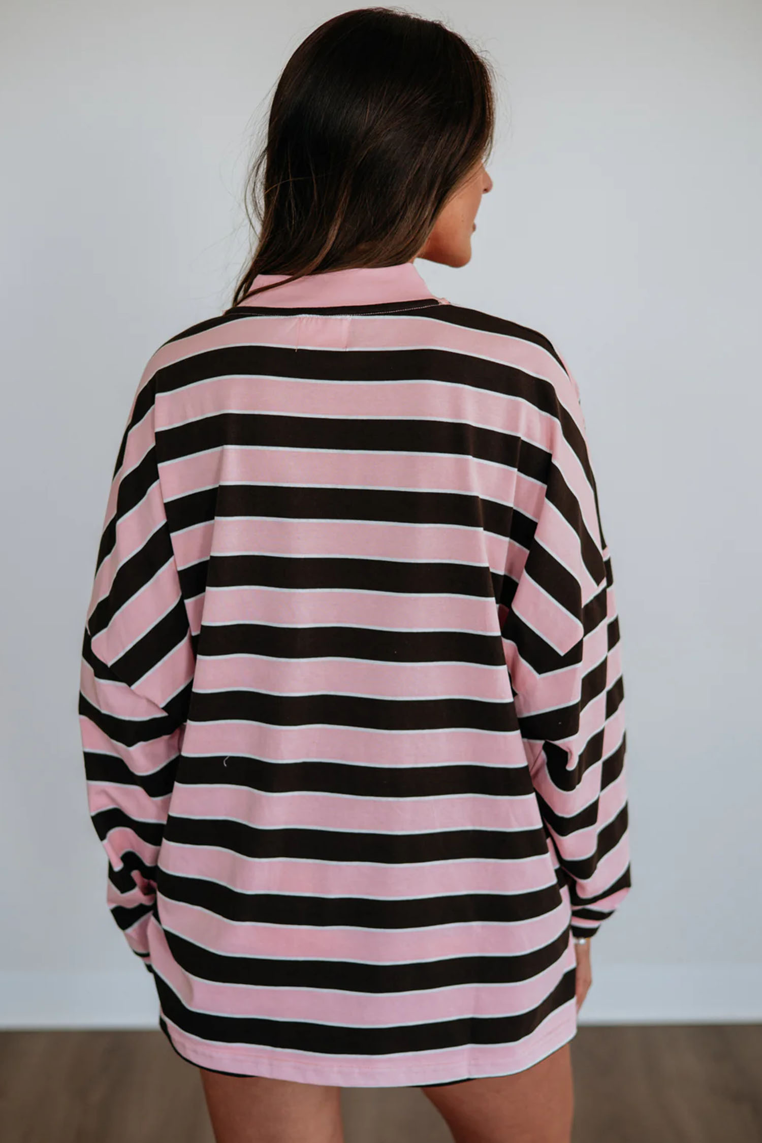 Women's Pink Stripe Lounge Set, Loose Long Sleeve Outfit - Detail View 2 Women's Pink Stripe Lounge Set, Loose Long Sleeve Outfit - Detail View 2