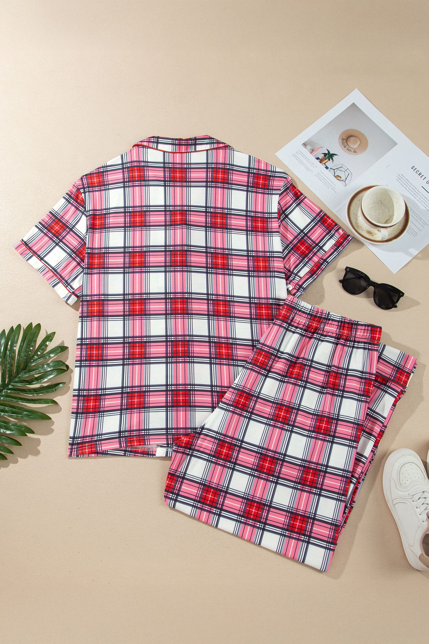 Womens Red Plaid Pajama Set, Short Sleeve Christmas Sleepwear - Detail View 5 Womens Red Plaid Pajama Set, Short Sleeve Christmas Sleepwear - Detail View 5