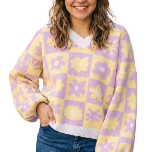 Casual Plaid Floral Sweater, Cozy V Neck Women Daily Wear - Main View