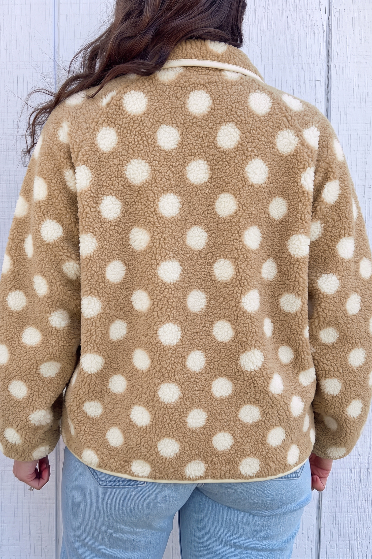 Women's Polka Dot Fleece Jacket, Warm Khaki Sherpa Coat - Detail View 2 Women's Polka Dot Fleece Jacket, Warm Khaki Sherpa Coat - Detail View 2