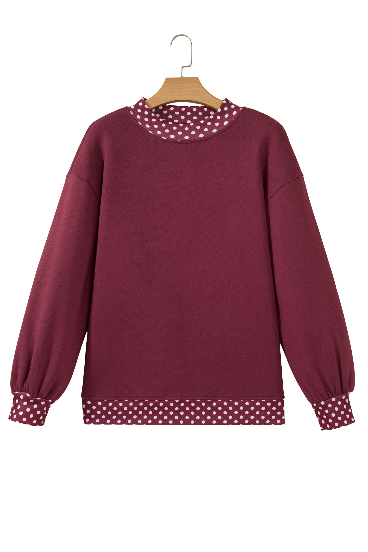 Women's Contrast Trim Pullover, Polka Dot Mock Neck Top - Detail View 2 Women's Contrast Trim Pullover, Polka Dot Mock Neck Top - Detail View 2