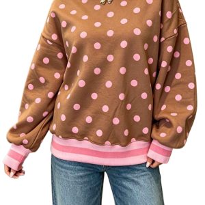 Women's Polka Dot Sweatshirt, Casual Brown Crewneck Top - Main View