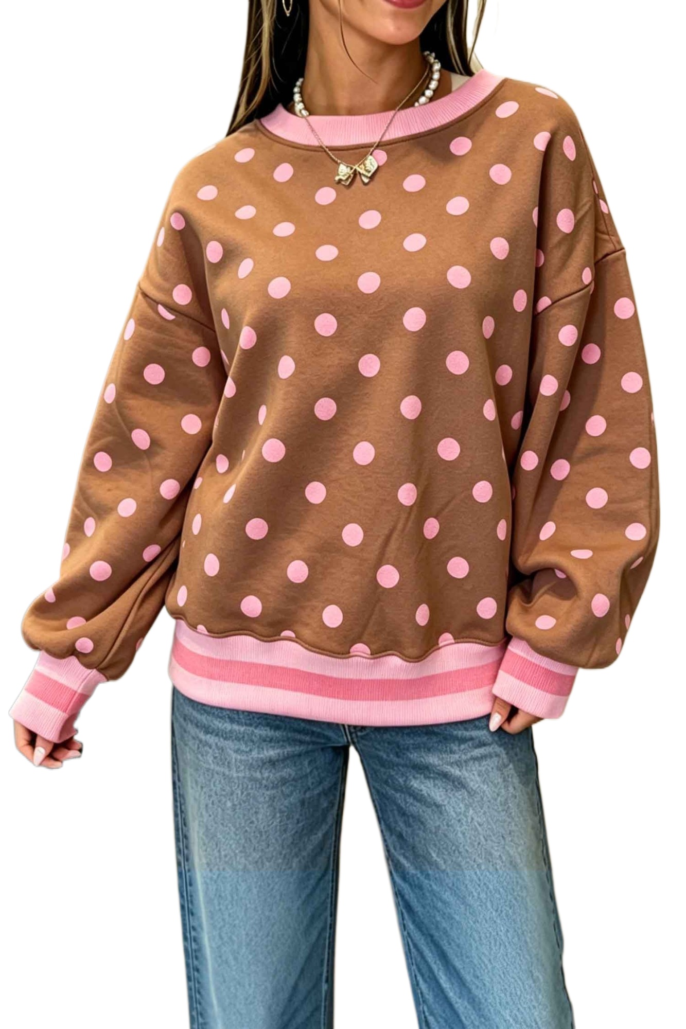 Women's Polka Dot Sweatshirt, Casual Brown Crewneck Top - Main View Women's Polka Dot Sweatshirt, Casual Brown Crewneck Top - Main View