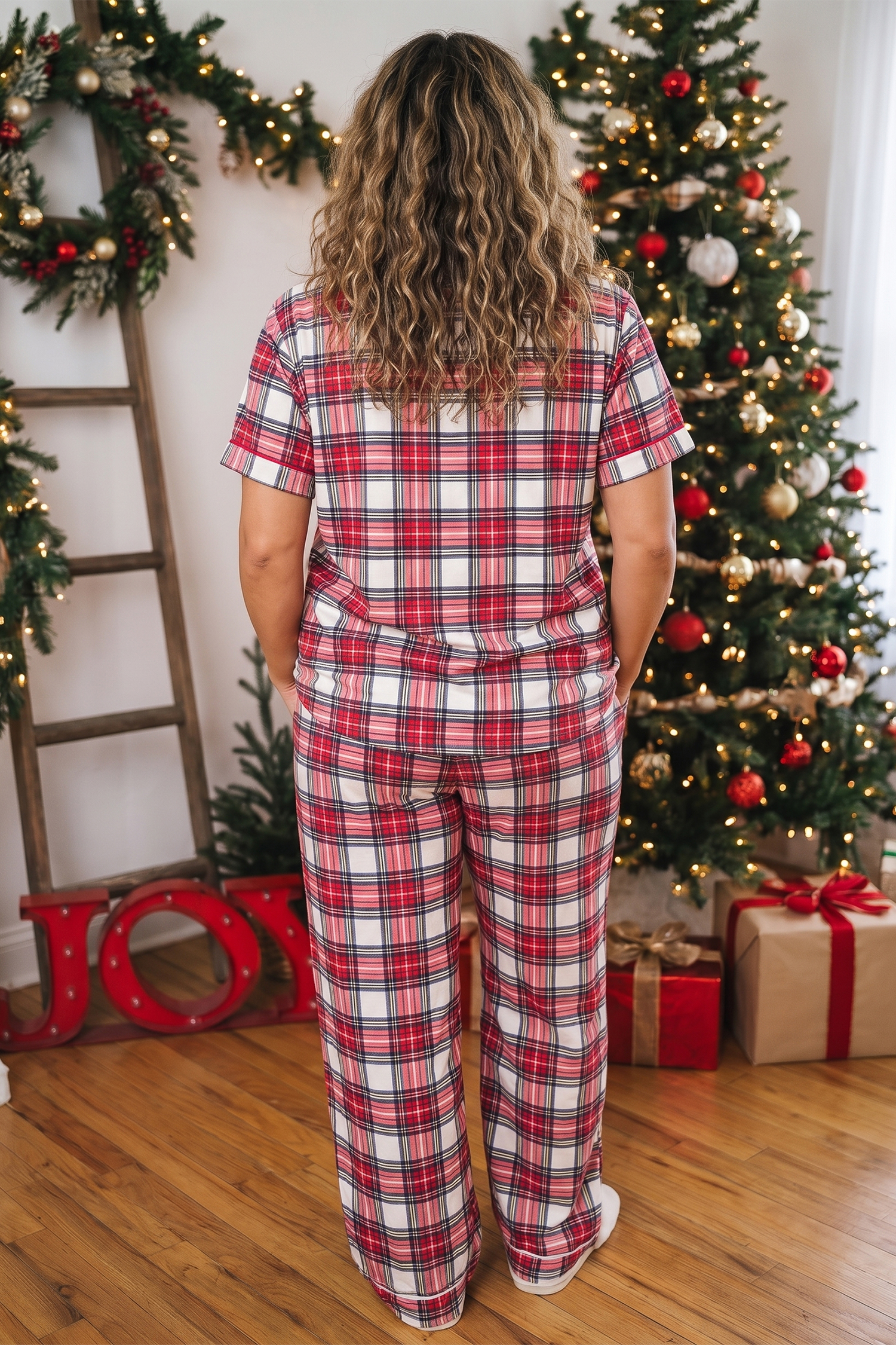 Womens Soft Plaid Pajamas, Short Sleeve Button Down Pant Set - Detail View 3 Womens Soft Plaid Pajamas, Short Sleeve Button Down Pant Set - Detail View 3
