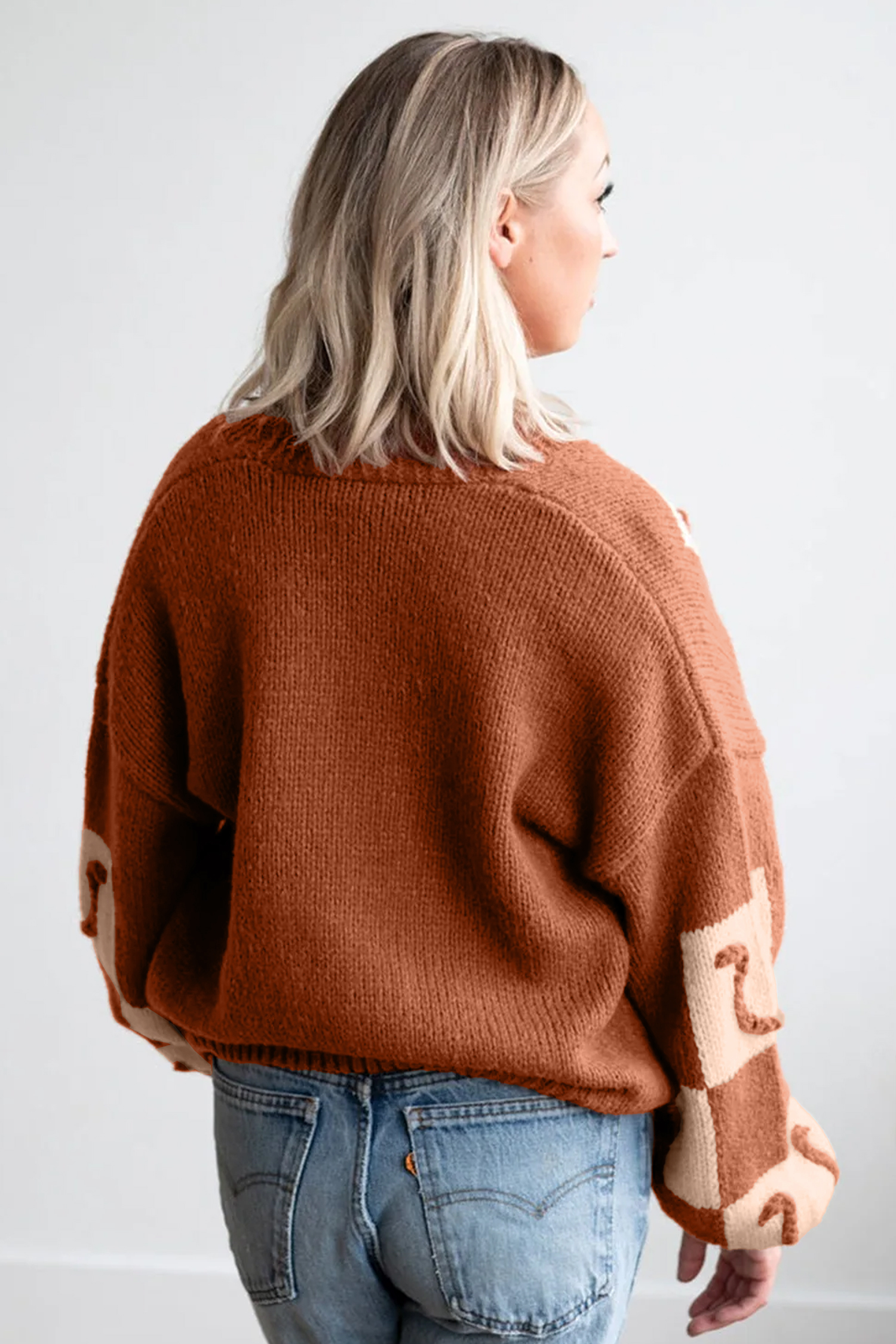 Western Plaid V Neck Cardigan, Women's Horseshoe Button Knit - Detail View 2 Western Plaid V Neck Cardigan, Women's Horseshoe Button Knit - Detail View 2