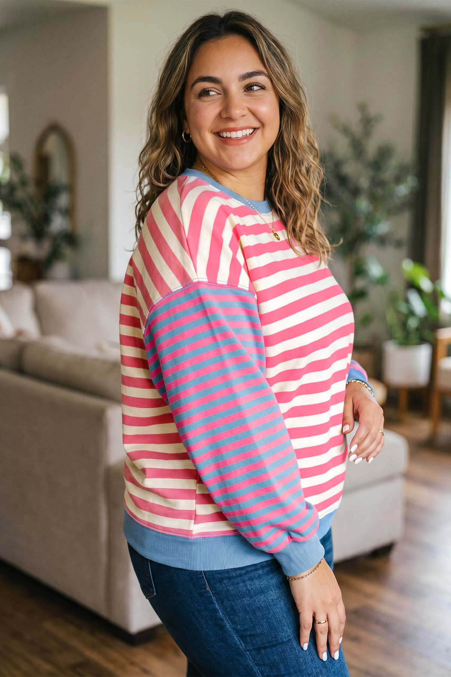 Colorblock Striped Pullover, Women's Casual Sweatshirt - Detail View 2 Colorblock Striped Pullover, Women's Casual Sweatshirt - Detail View 2