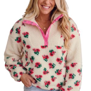 Women's Floral Sherpa Sweatshirt, Casual Button Fleece - Main View