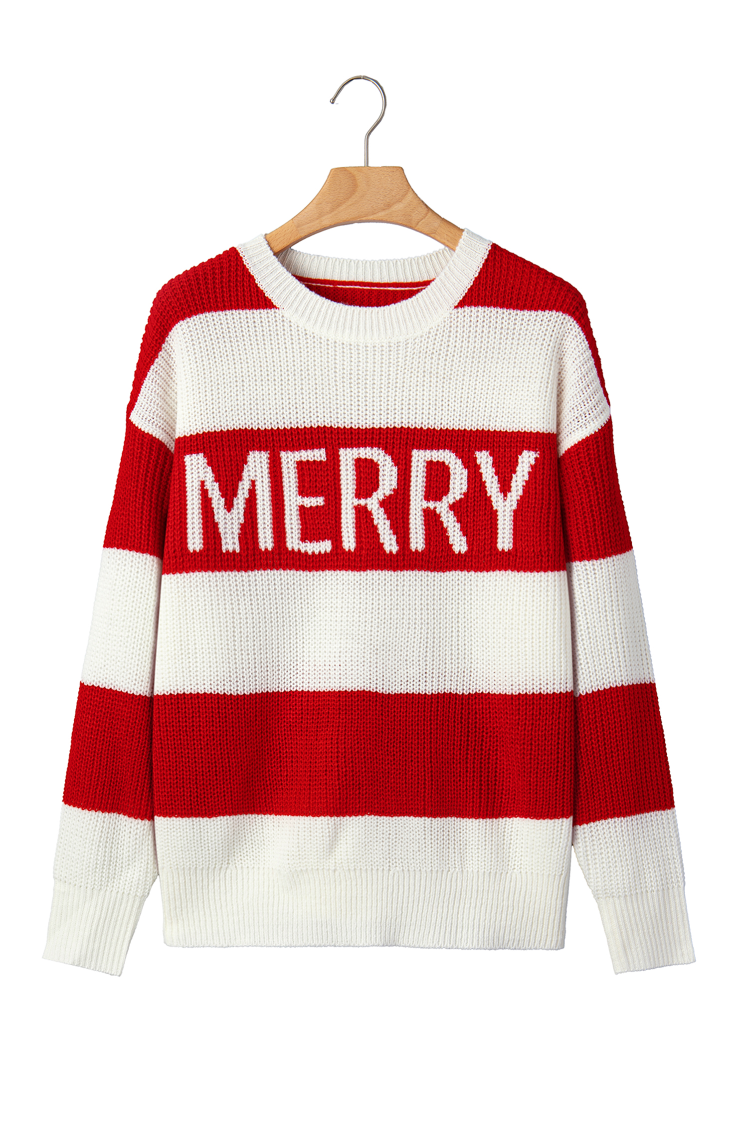 Festive Women's Merry Sweater, Striped Long Sleeve Knit - Detail View 7 Festive Women's Merry Sweater, Striped Long Sleeve Knit - Detail View 7