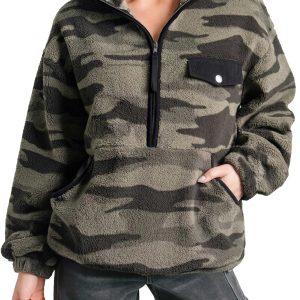 Women's Camo Fleece Sweatshirt, Half Zip Casual Pullover - Main View