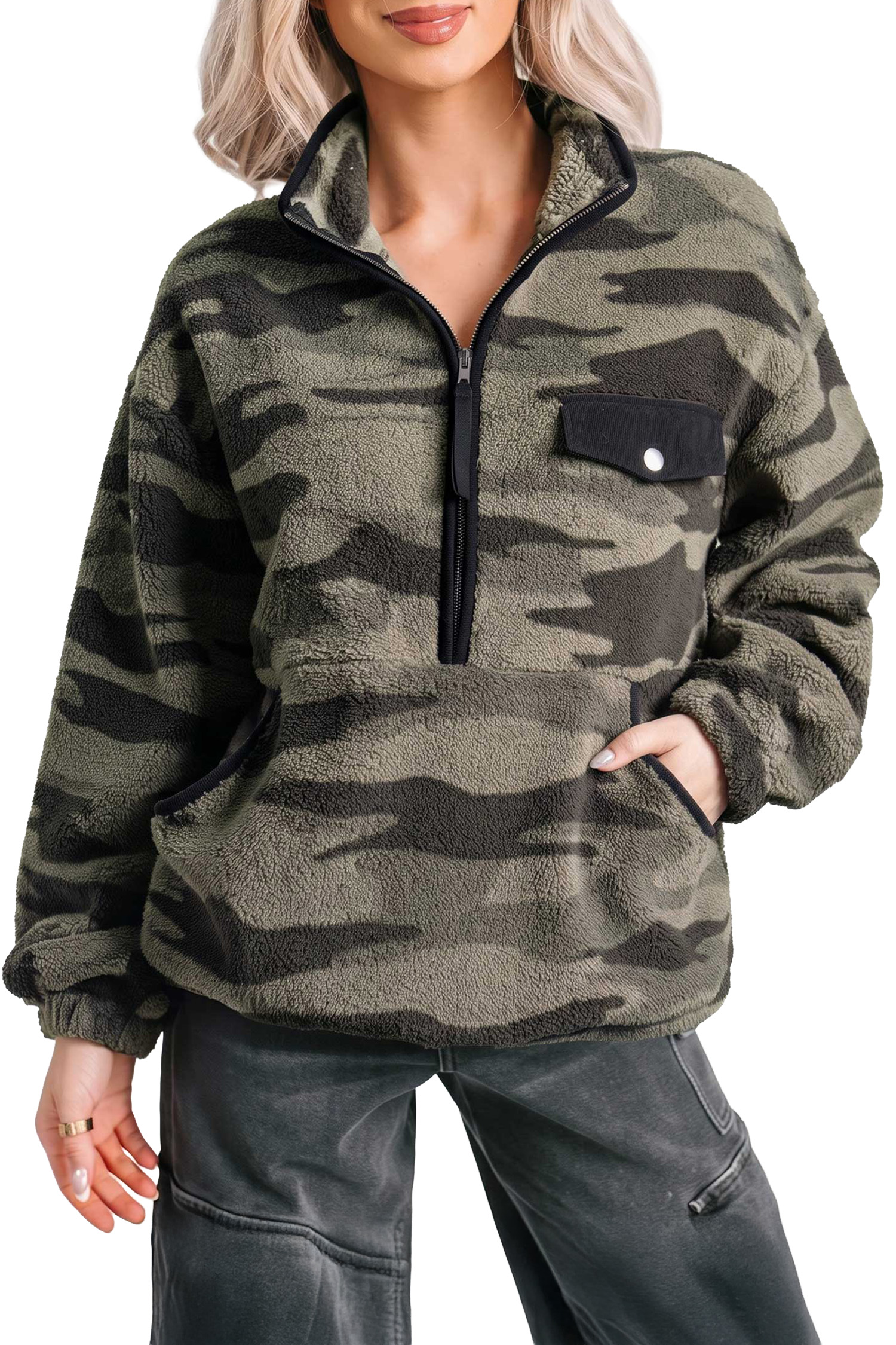 Women's Camo Fleece Sweatshirt, Half Zip Casual Pullover - Main View Women's Camo Fleece Sweatshirt, Half Zip Casual Pullover - Main View