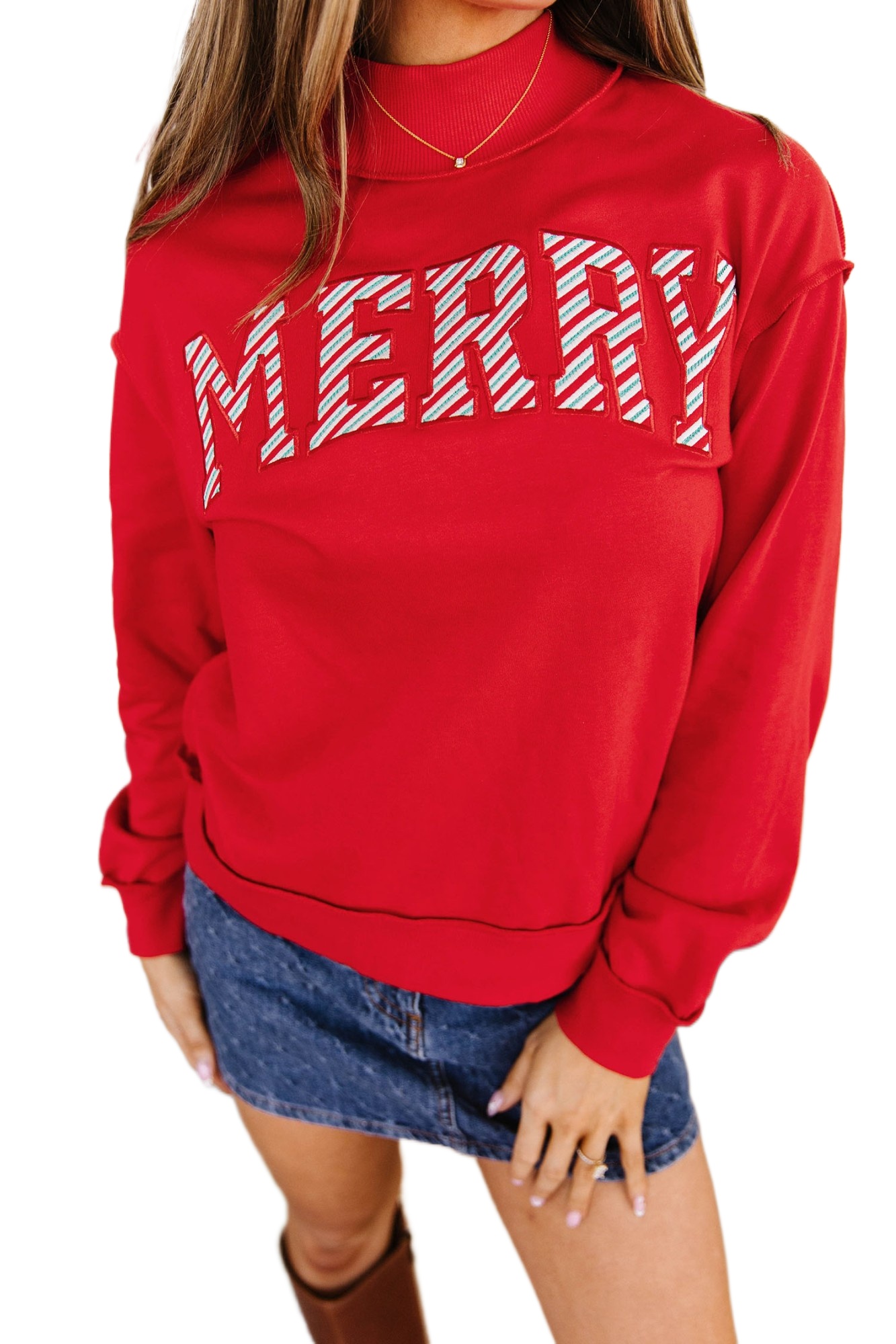 Women's Red Mock Neck Sweatshirt, Casual Autumn Pullover - Main View Women's Red Mock Neck Sweatshirt, Casual Autumn Pullover - Main View