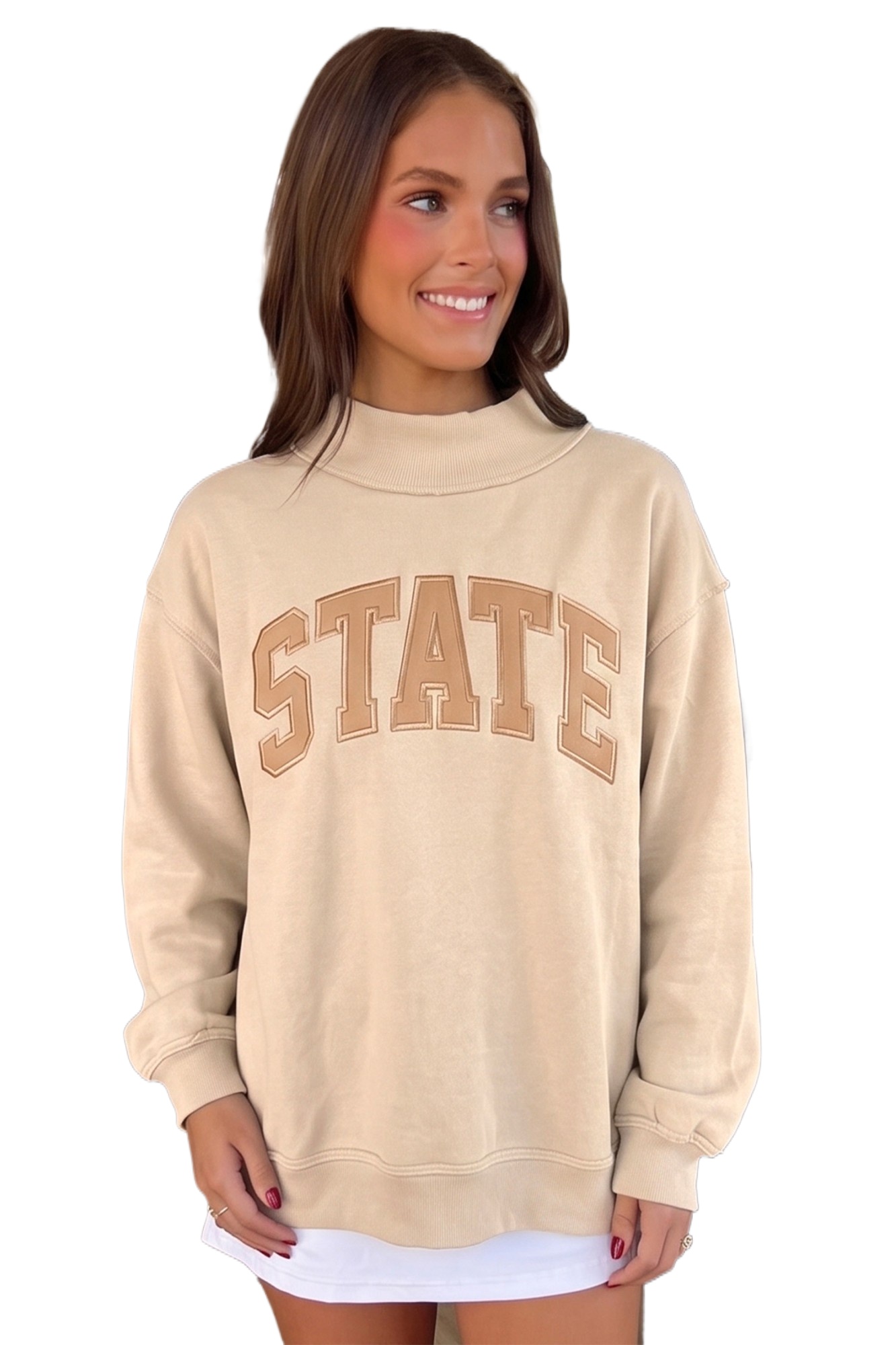 Women's Mock Neck STATE Sweatshirt, Casual Parchment Pullover - Main View Women's Mock Neck STATE Sweatshirt, Casual Parchment Pullover - Main View