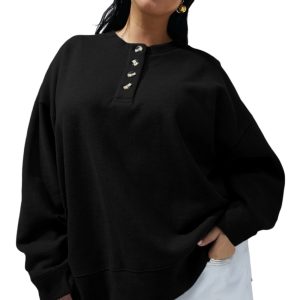 Women's Plus Size Sweatshirt, Casual Black Button Pullover - Main View