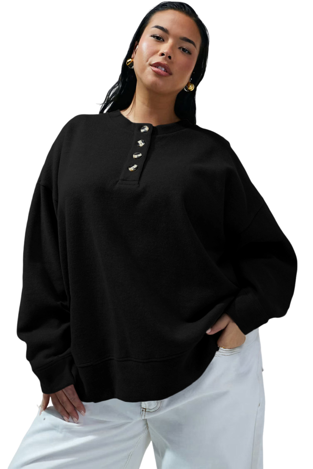 Women's Plus Size Sweatshirt, Casual Black Button Pullover - Main View Women's Plus Size Sweatshirt, Casual Black Button Pullover - Main View