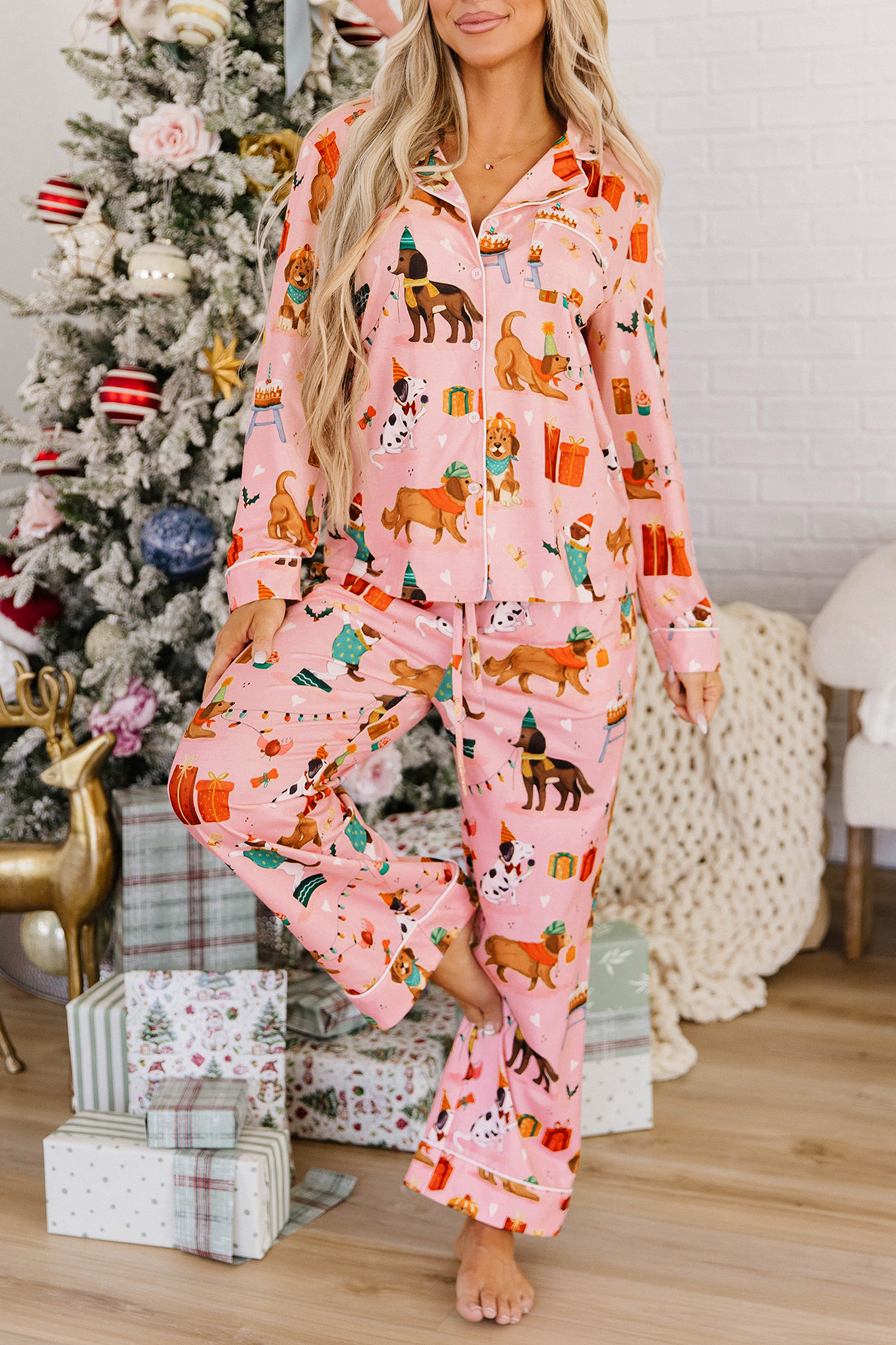 Women's Soft Stretch Lounge Set, Pink Christmas Dog Pajamas - Detail View 3 Women's Soft Stretch Lounge Set, Pink Christmas Dog Pajamas - Detail View 3