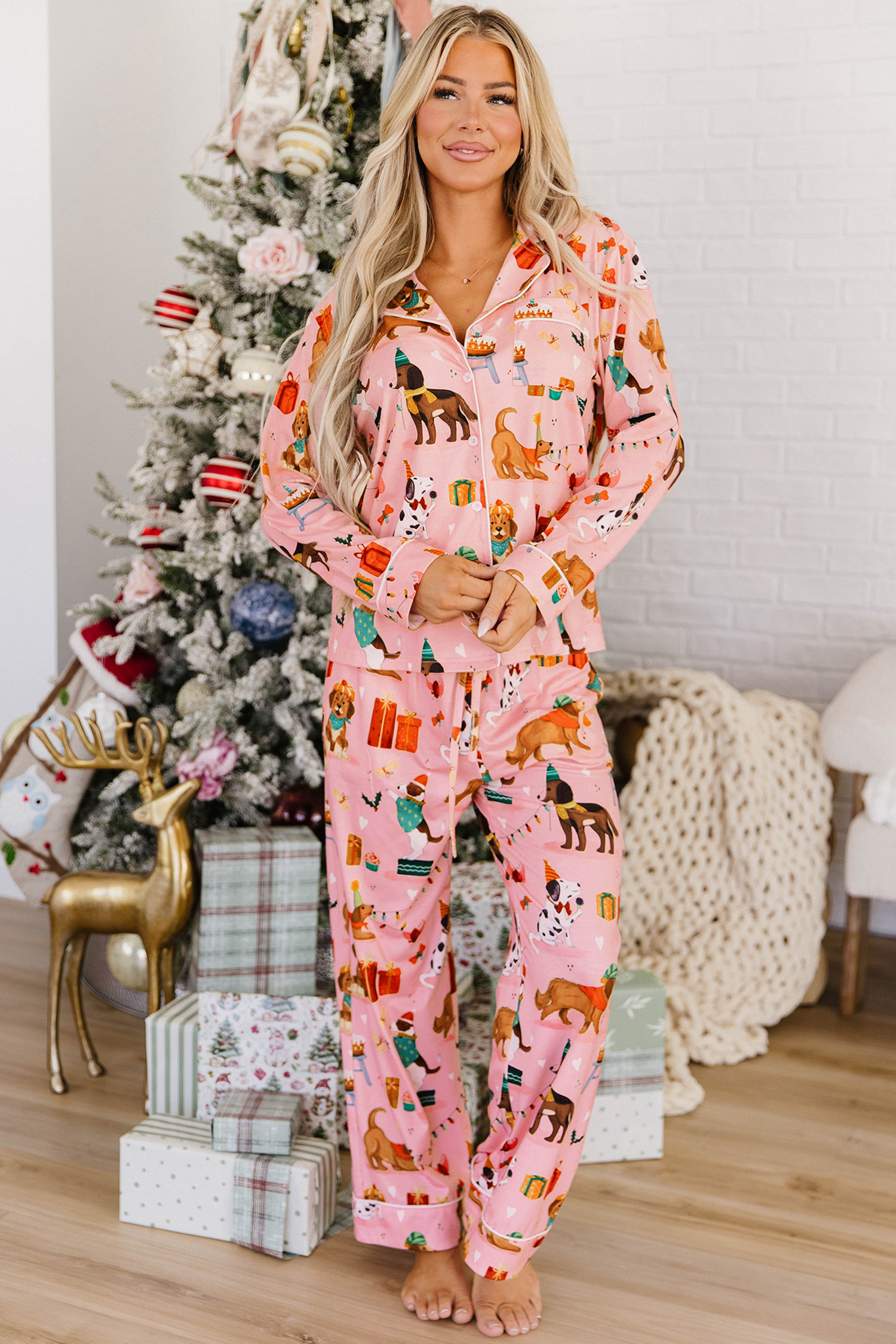 Women's Soft Stretch Lounge Set, Pink Christmas Dog Pajamas - Detail View 6 Women's Soft Stretch Lounge Set, Pink Christmas Dog Pajamas - Detail View 6