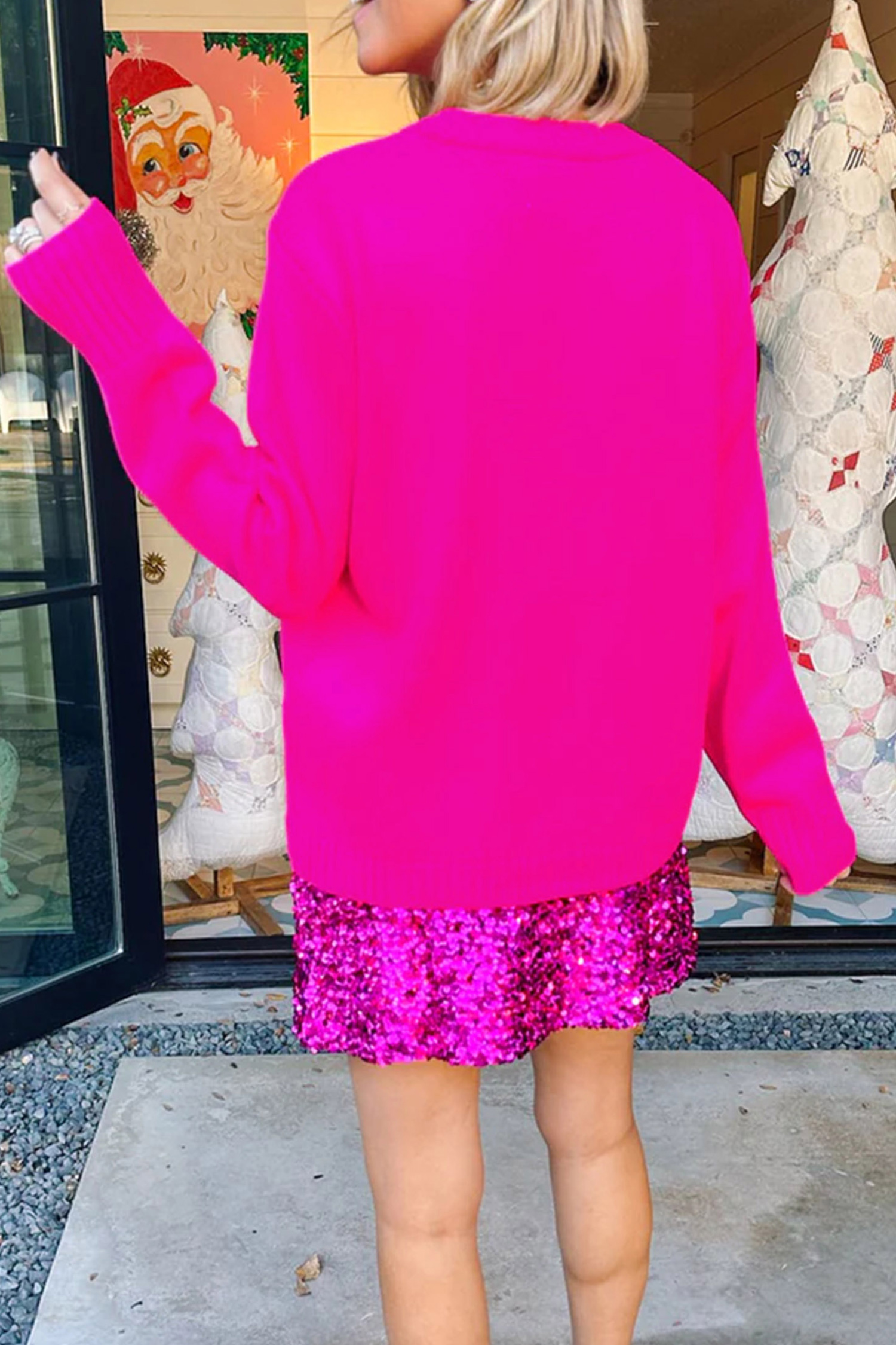 Women's Merry Print Knit Sweater, Rose Red Holiday Top - Detail View 2 Women's Merry Print Knit Sweater, Rose Red Holiday Top - Detail View 2