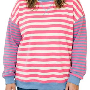 Women's Striped Sweatshirt, Casual Crewneck Pullover - Main View