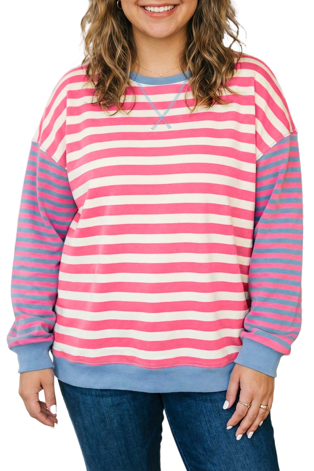 Women's Striped Sweatshirt, Casual Crewneck Pullover - Main View Women's Striped Sweatshirt, Casual Crewneck Pullover - Main View