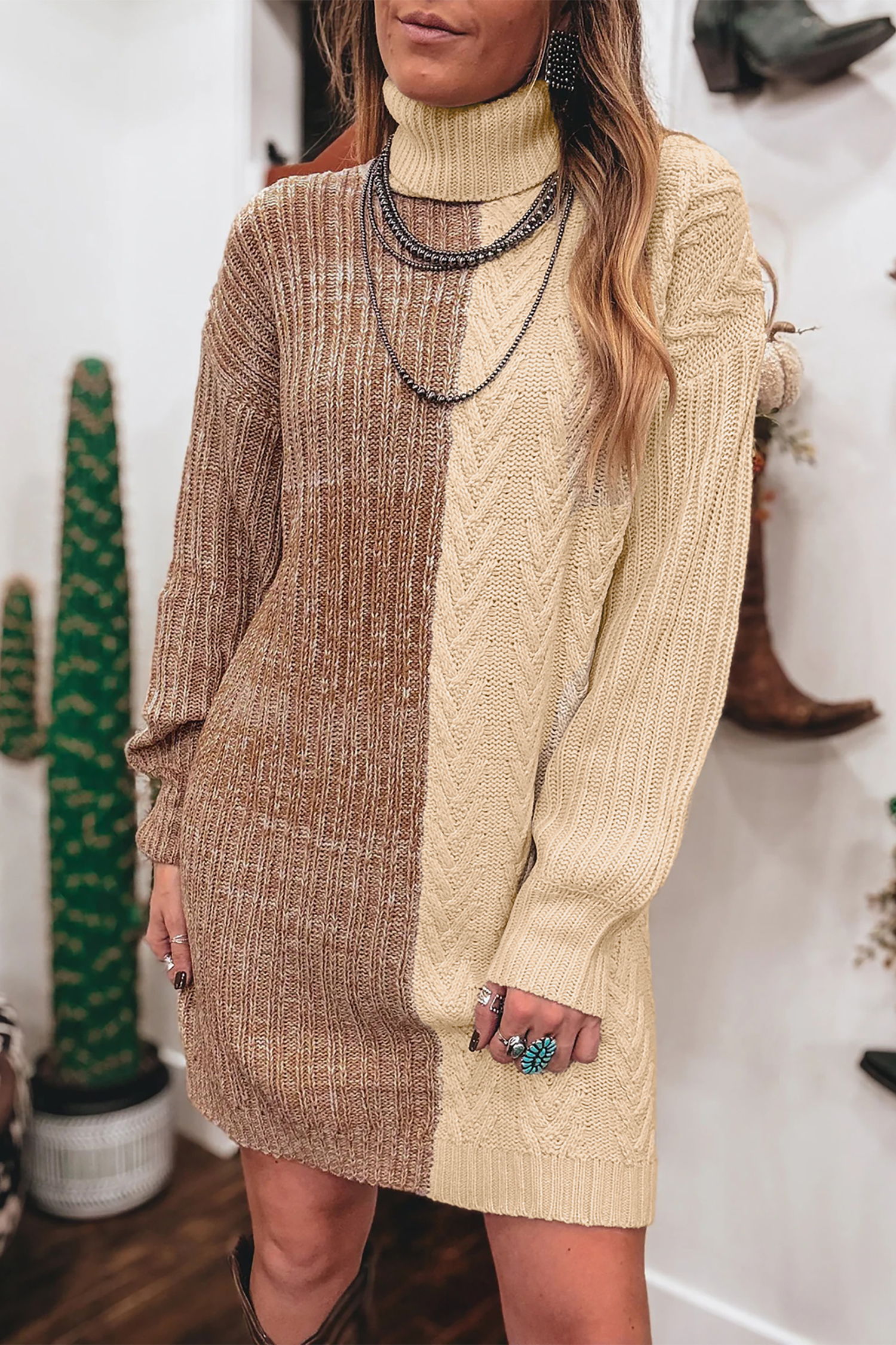Knit Turtleneck Mini Dress, Warm Long Sleeve Women Winter - Detail View 3 Knit Turtleneck Mini Dress, Warm Long Sleeve Women Winter - Detail View 3