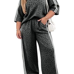 Women's Leopard Print Set, Casual Gray Loungewear - Main View
