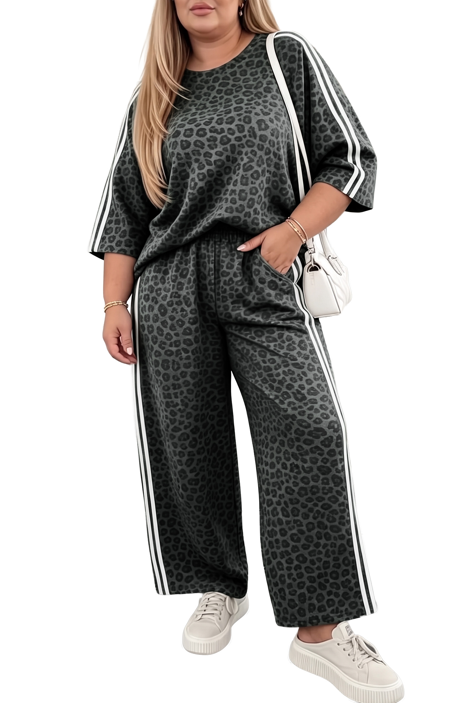 Women's Leopard Print Set, Casual Gray Loungewear - Main View Women's Leopard Print Set, Casual Gray Loungewear - Main View