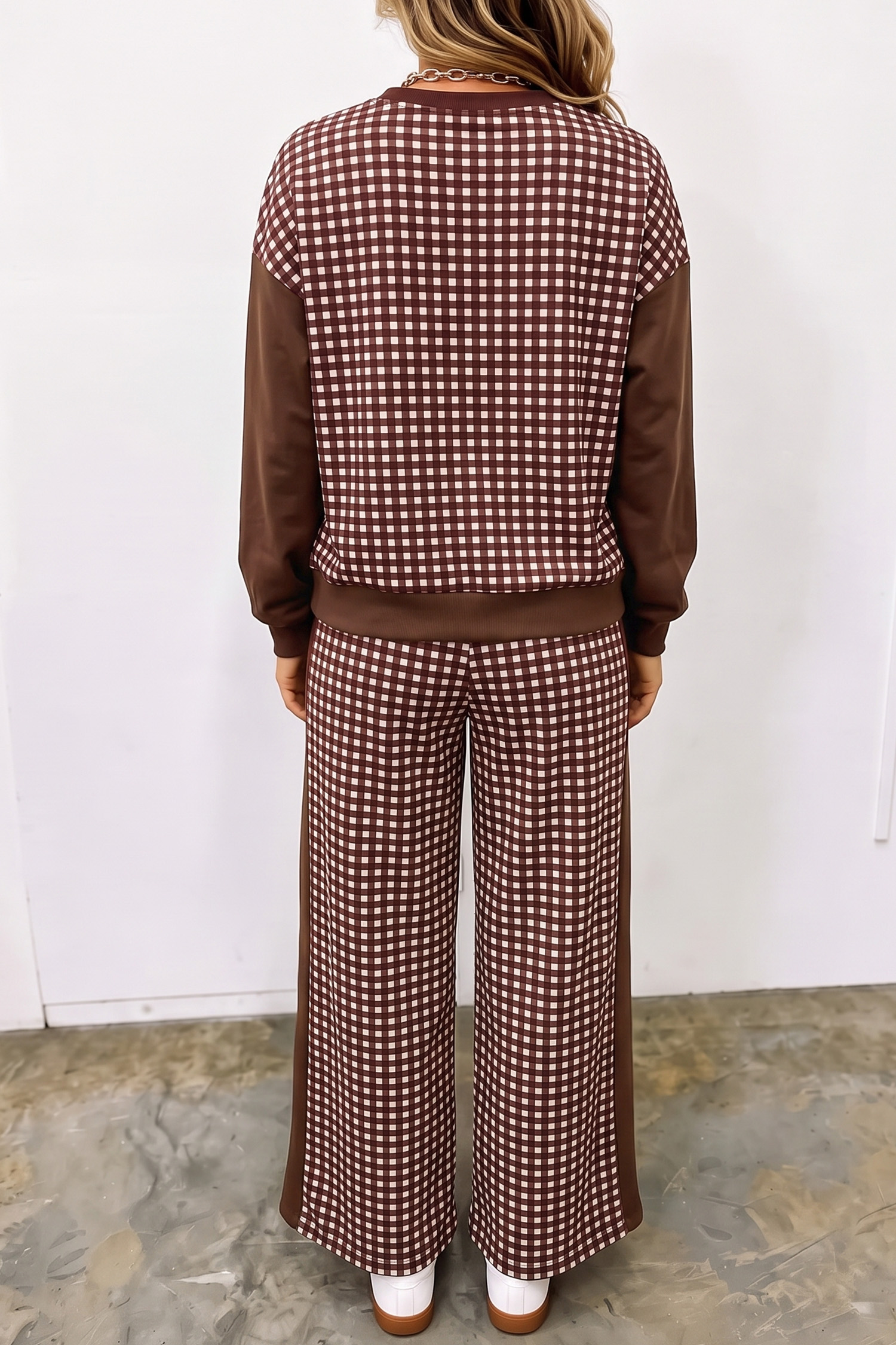 Brown Color Block Lounge Set, Gingham Print Women's Wear - Detail View 2 Brown Color Block Lounge Set, Gingham Print Women's Wear - Detail View 2