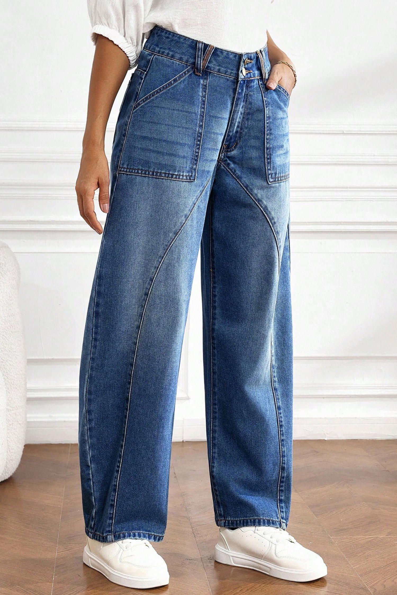 Women's Ashleigh Blue Denim Jeans, Stretch Barrel Fit - Detail View 6 Women's Ashleigh Blue Denim Jeans, Stretch Barrel Fit - Detail View 6