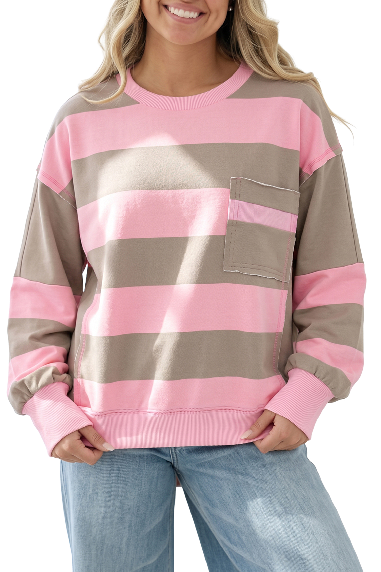 Women's Striped Sweatshirt, Casual Drop Shoulder Pullover - Main View Women's Striped Sweatshirt, Casual Drop Shoulder Pullover - Main View