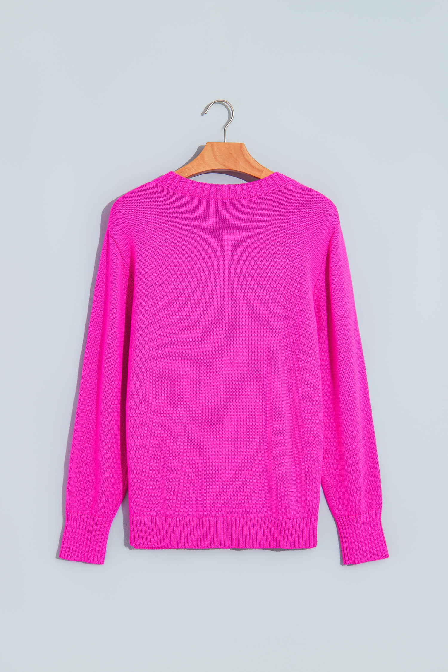 Women's Cotton Blend Knit Sweater, Rose Red Ribbed Trim Top - Detail View 6 Women's Cotton Blend Knit Sweater, Rose Red Ribbed Trim Top - Detail View 6