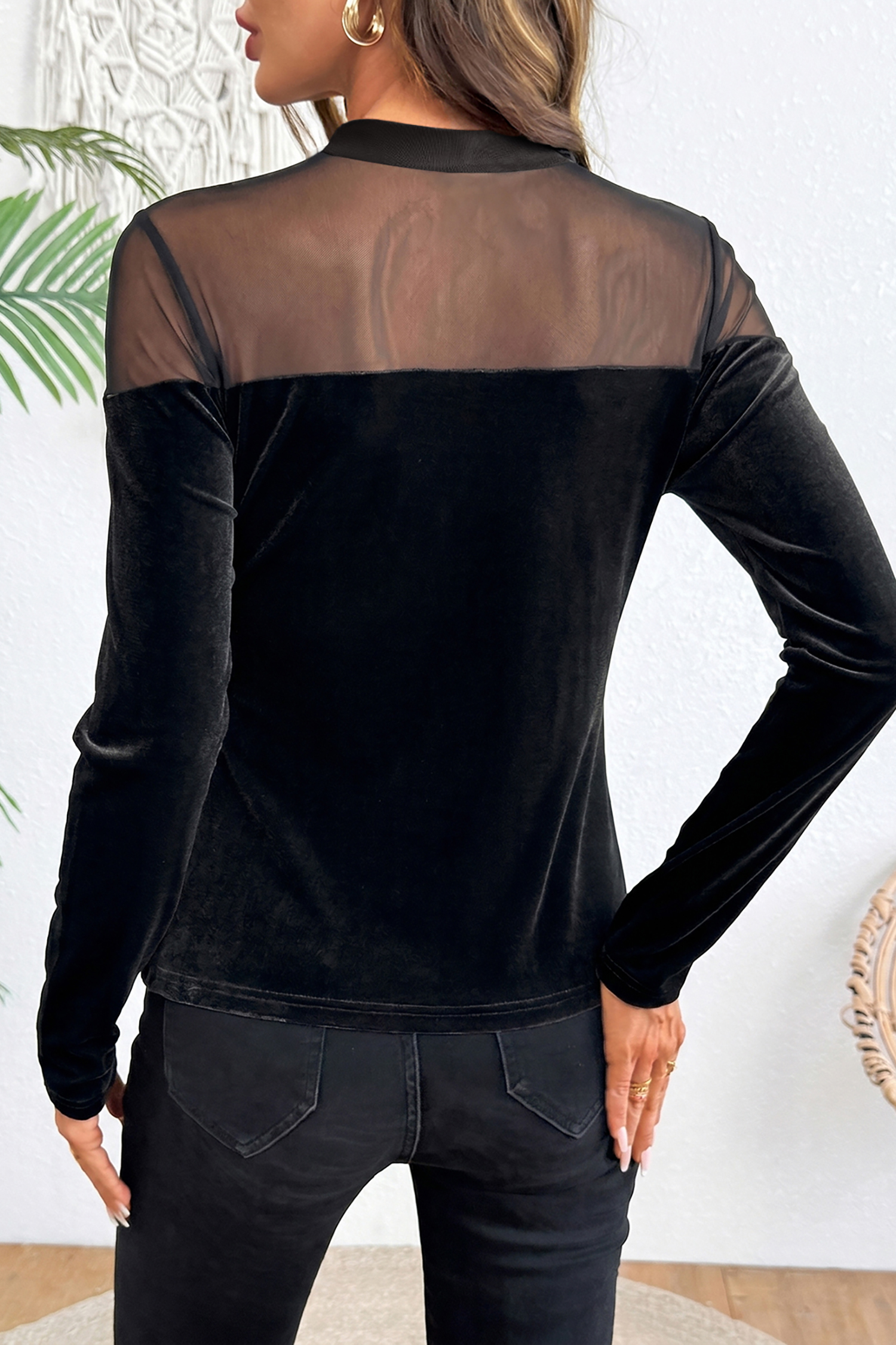 Sheer Mesh Velvet Top, Women's Sexy Night Out Pullover - Detail View 2 Sheer Mesh Velvet Top, Women's Sexy Night Out Pullover - Detail View 2