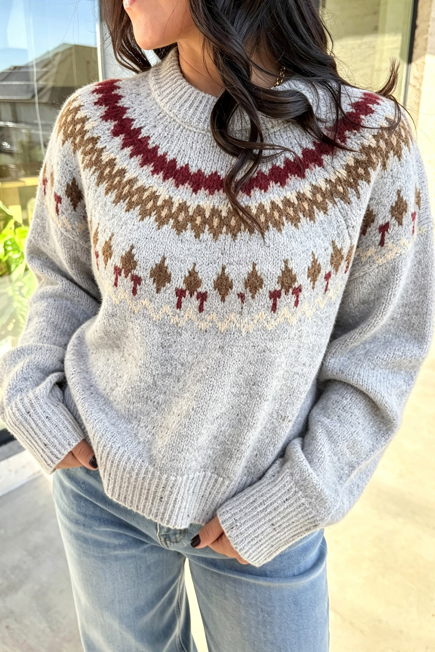 Apres Ski Geometric Women's Winter Sweater, Cozy Fair Isle - Detail View 2 Apres Ski Geometric Women's Winter Sweater, Cozy Fair Isle - Detail View 2