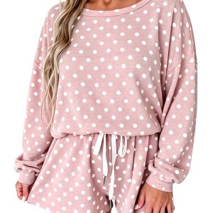 Women's Pink Polka Dot Lounge Set, Casual 2 Piece Pajamas - Main View