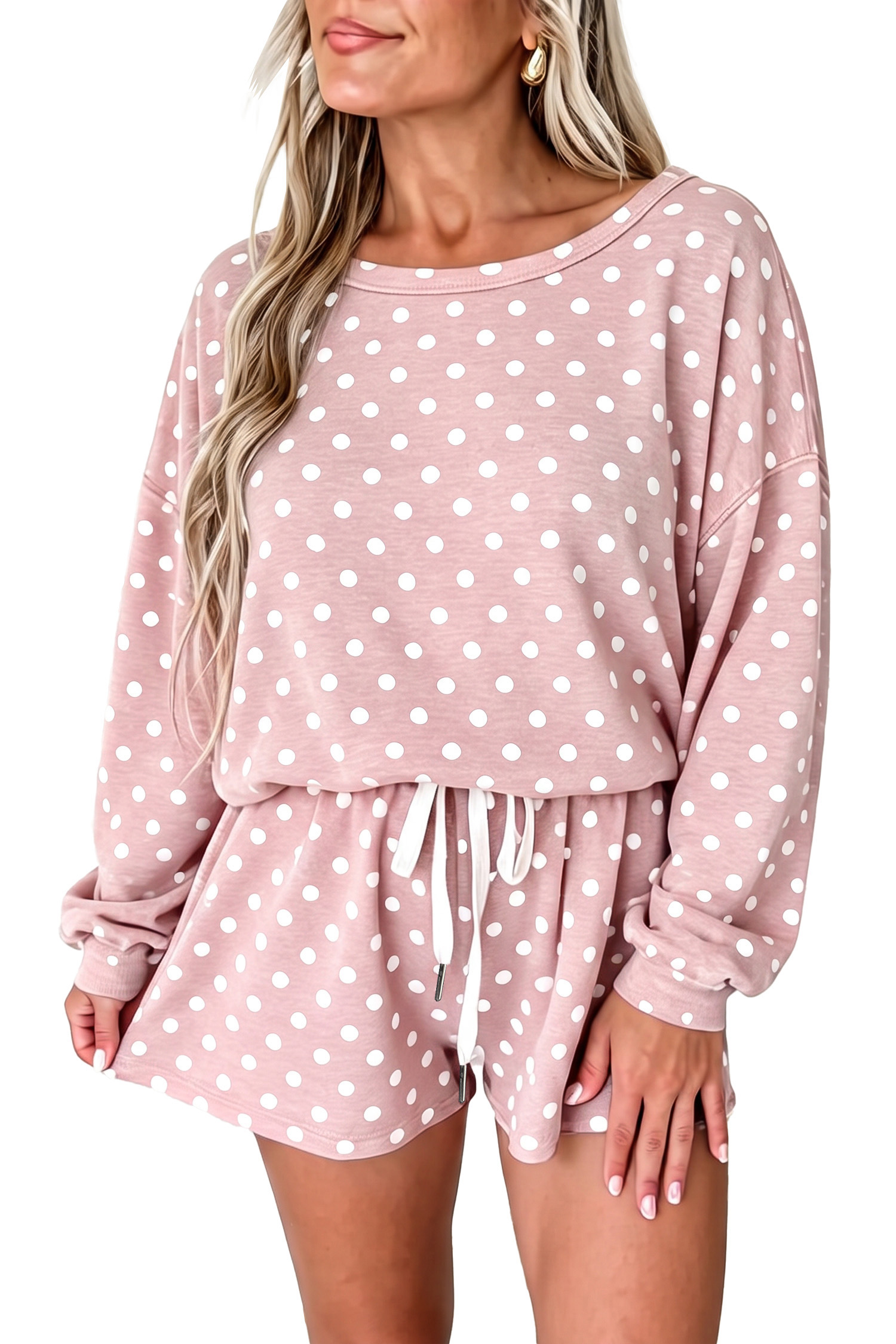 Women's Pink Polka Dot Lounge Set, Casual 2 Piece Pajamas - Main View Women's Pink Polka Dot Lounge Set, Casual 2 Piece Pajamas - Main View