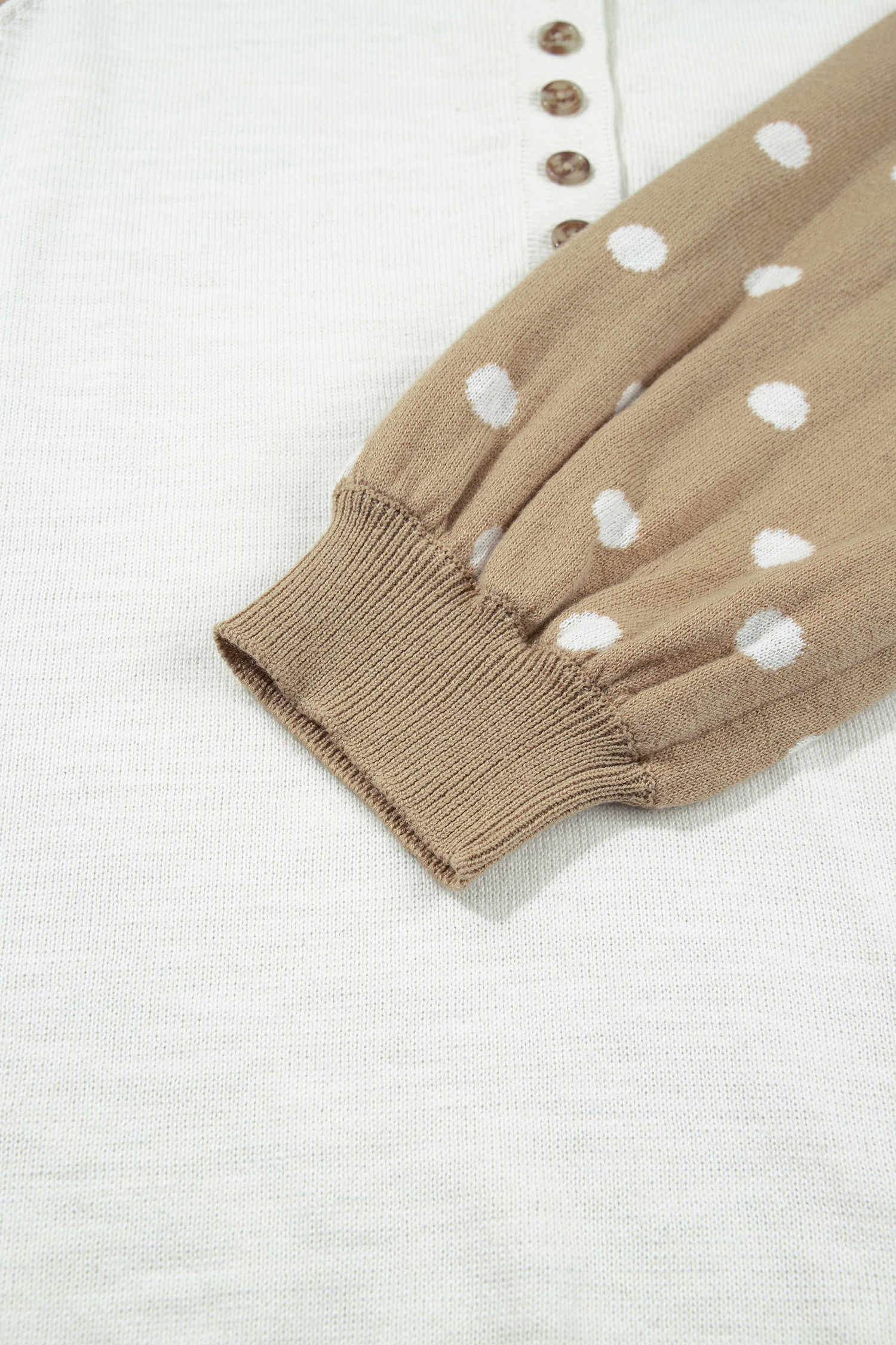 Khaki Colorblock Henley Sweater, Women's Polka Dot Top - Detail View 11 Khaki Colorblock Henley Sweater, Women's Polka Dot Top - Detail View 11