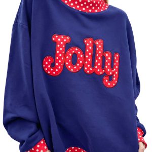 Jolly Letter Print Sweatshirt, Women's Polka Dot Mock Neck - Main View