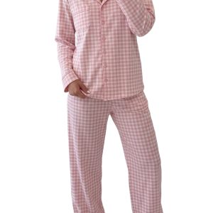 Pink Plaid Pajama Set, Women's Long Sleeve Button Sleepwear - Main View