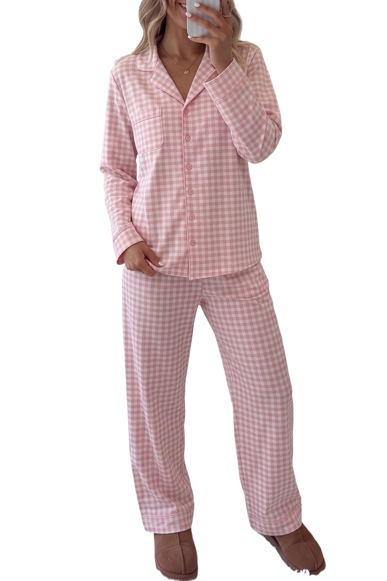 Pink Plaid Pajama Set, Women's Long Sleeve Button Sleepwear - Main View Pink Plaid Pajama Set, Women's Long Sleeve Button Sleepwear - Main View