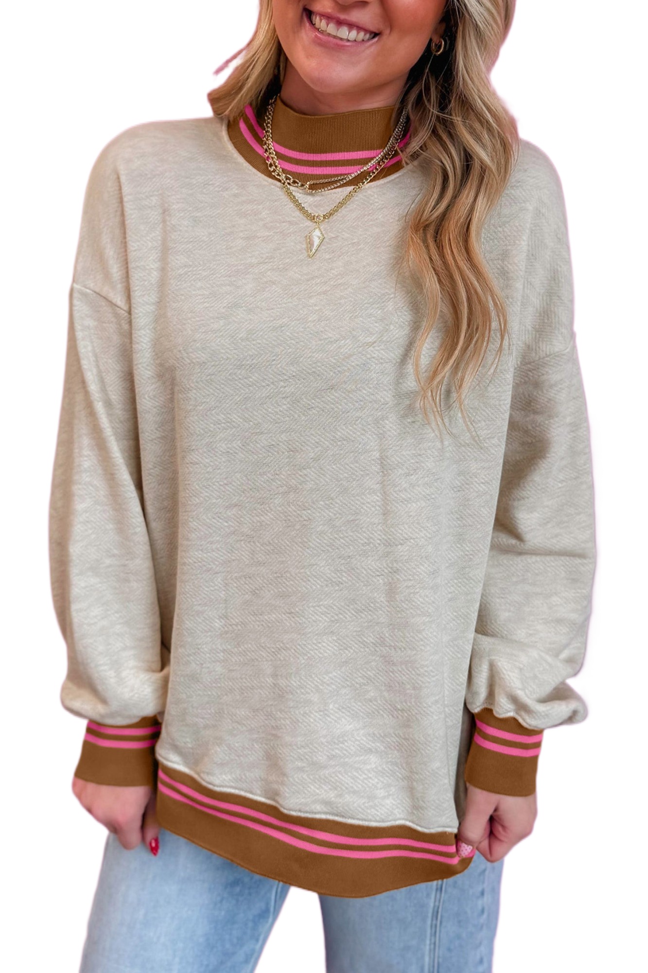 Women's Loose Sweatshirt, Stand Neck Casual Pullover - Main View Women's Loose Sweatshirt, Stand Neck Casual Pullover - Main View