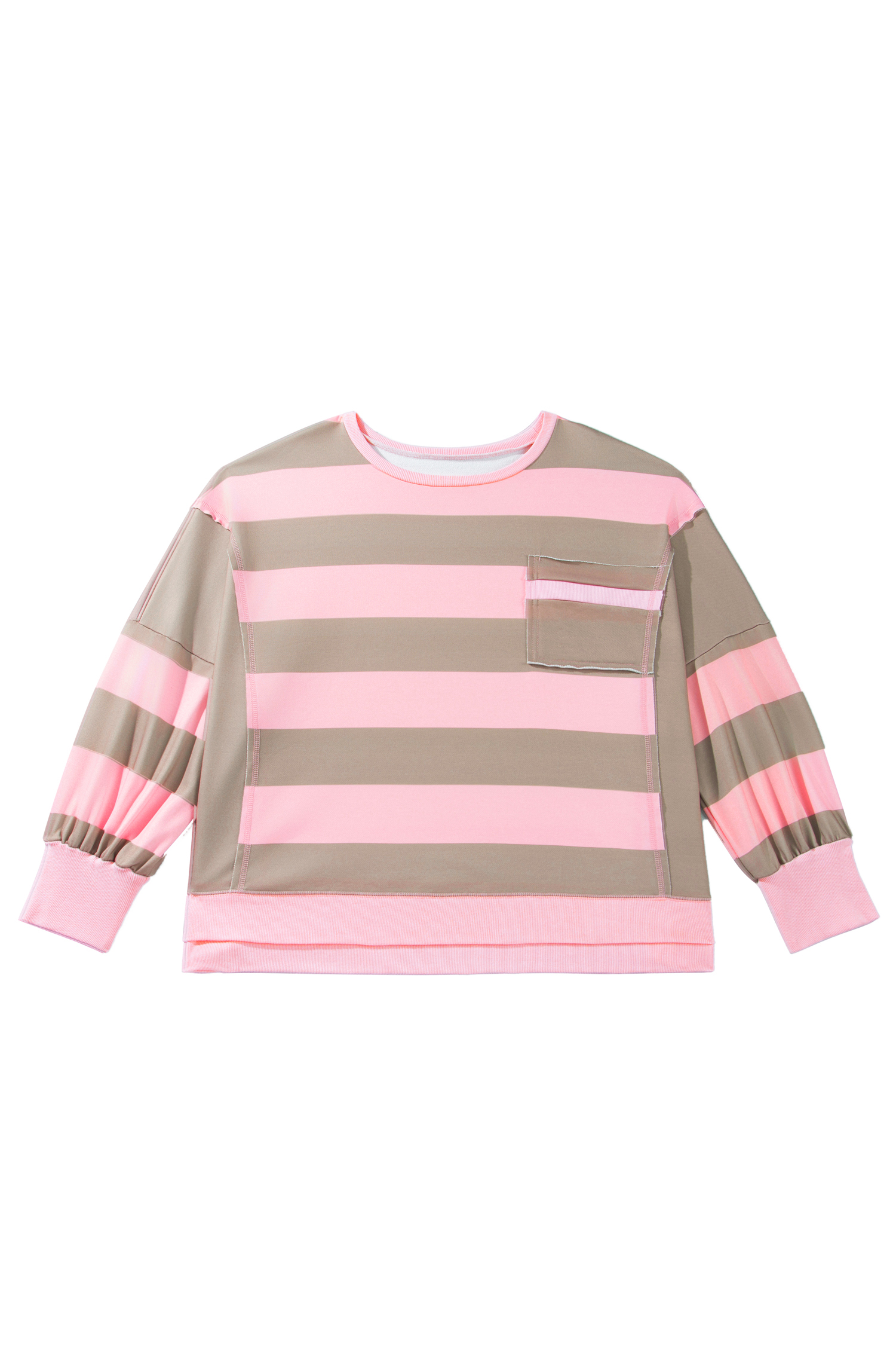 Women's Patchwork Sweatshirt, Striped Crewneck Pocket Top - Detail View 2 Women's Patchwork Sweatshirt, Striped Crewneck Pocket Top - Detail View 2